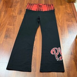Black Yoga Pants with Red Plaid Waistband and Graphic